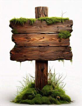 isolated realistic old wooden signboard with moss on a white background
