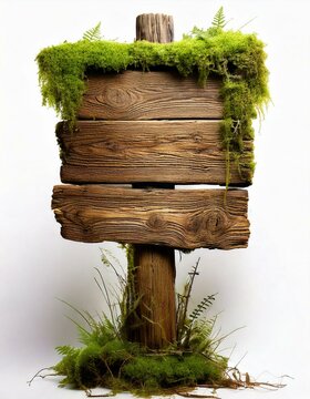 isolated realistic old wooden signboard with moss on a white background