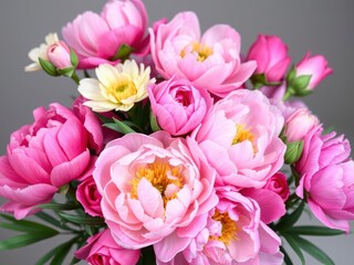 Obraz premium A beautiful arrangement of fresh pink peonies and roses with space for text, vibrant, bloom, freshness