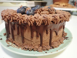 sweet decorated chocolate cake with blueberries