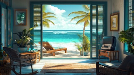 Fototapeta premium Tropical beach view from a vintage room.