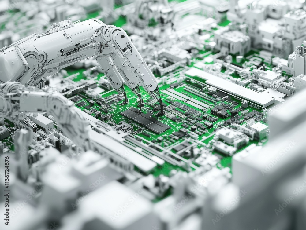 Poster robotic arms assembling a circuit board. ai.