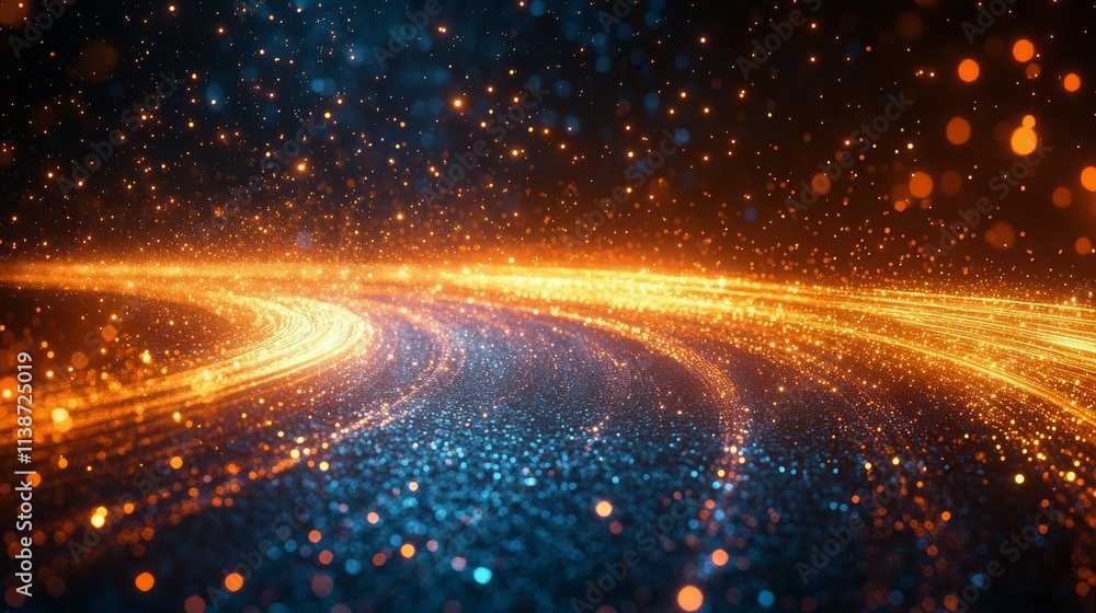 Poster bright glowing trails and sparkling particles create a mesmerizing abstract background at dusk