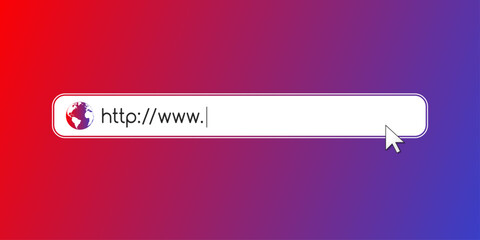 Address and navigation bar as online search and beginning of a website domain and url concept. Web browser tab with globe symbol, cursor, http and www text.