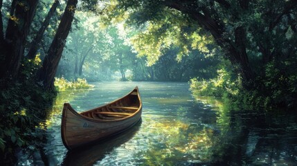 Serene canoe on calm river in lush forest.