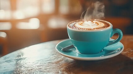 A steaming cup of coffee with latte art on a wooden table.