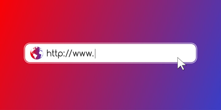 Address and navigation bar as online search and beginning of a website domain and url concept. Web browser tab with globe symbol, cursor, http and www text.