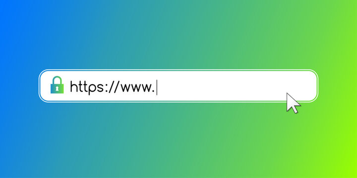 Web browser tab with lock as encryption symbol, cursor, https and www url text. Address and navigation bar with secure connection and safe encrypted communication protocol over a network concept.