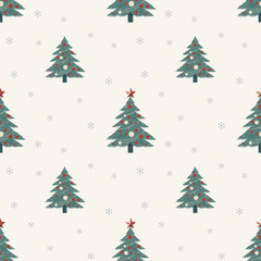 Christmas pattern with christmas tree, snowflakes on a white background. Seamless background perfect for use in textiles, wallpapers, and festive decorations.