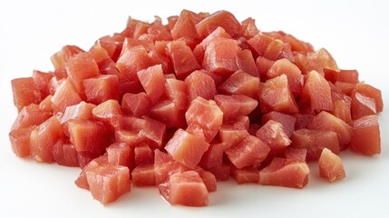 Pile of diced red tomatoes on white.