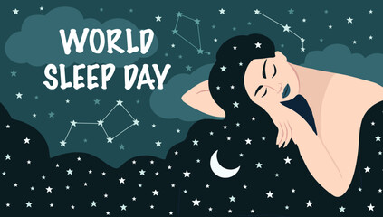 Banner for World Sleep Day with sleeping girl with long hair.
