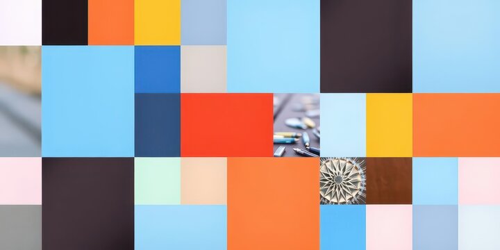 A grid of different sized squares and rectangles filled with colorful photos, creating a dynamic photo collage layout, grid, dynamic