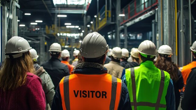 Group of workers and visitors in hard hats observing at a construction site.