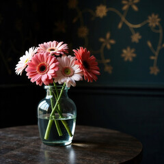 flower, vase, bouquet, flowers, nature, plant, bloom, blossom, beauty, floral, decoration, petal, flora, beautiful, glass, green, frame, gerbera, table, interior