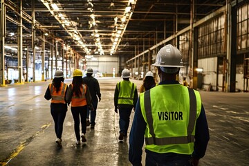Group of diverse visitors in safety gear touring an industrial facility.