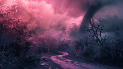 Thunderstorm, tornado, dramatic sky, vivid colors, stormy weather, ominous clouds, road view A breathtaking scene showcasing a powerful tornado emerging from dark, swirling clouds at sunset 