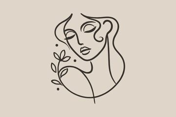  Minimalist line art portrait of a woman with flowers in black ink, logo, print, icon