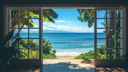 Ocean view through open French doors.