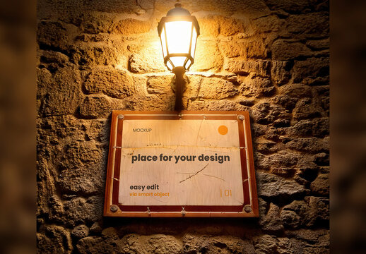 Vintage Sign under Old Light on Rock Wall Street Mockup