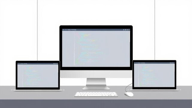 A stock photo featuring a variety of responsive web design developments displayed in vector format on the side of a computer screen, digital, layout, displays
