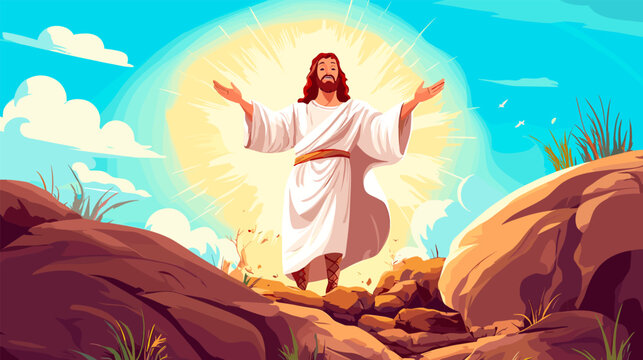 Resurrection of jesus. Risen christ in easter sunday day, ascension christianity god holy bible character catholic faith in lord sacrifice biblical religion story vector illustration