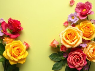Backdrop of colorful paper roses in shades of pink, red, orange, and yellow, roses, arrangement, spring