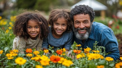 Fototapeta premium Family enjoying quality time together in a vibrant flower garden during a sunny day