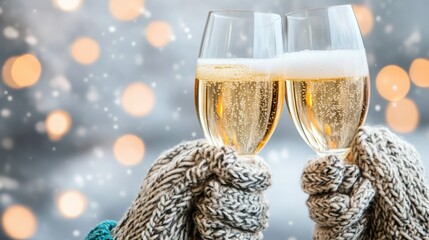 Cheers to winter warmth with sparkling wine in cozy mittens against a festive blurred background