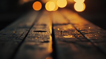 Close-up of dark wooden planks at night with blurred warm lights in background.