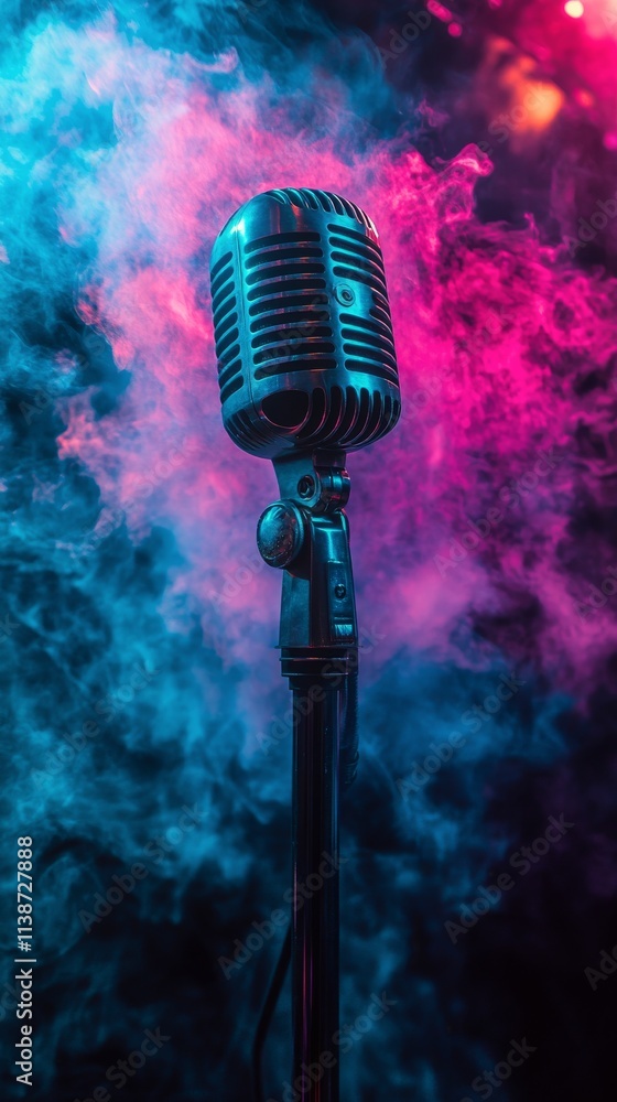 Poster vintage microphone surrounded by colorful smoke at a music event in an intimate setting