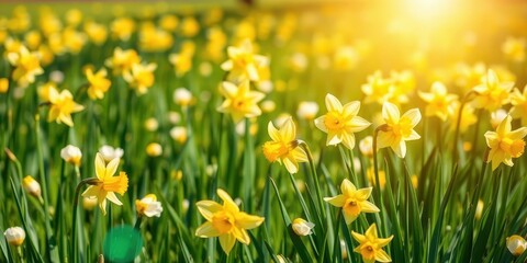 Bright yellow daffodil flowers spread out across a vast field, creating a stunning display of natural beauty, spring, sunny, sunny