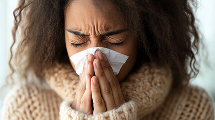 A young dark skin woman indoors is caught mid-sneeze while using a tissue. She appears to be suffering from seasonal allergies or a cold, showing clear discomfort
