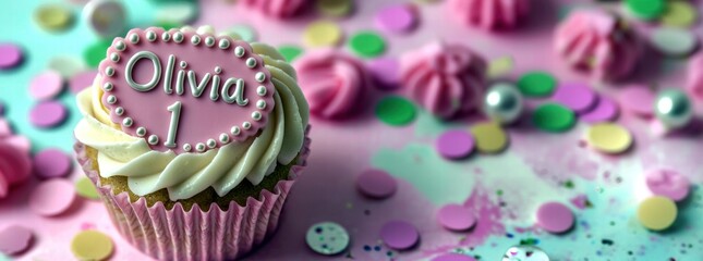 A colorful birthday cupcake for a girl named Olivia, themed with pastel colors and festive decor.