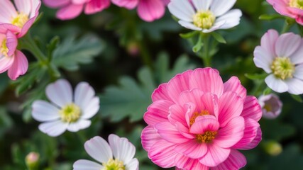 Naklejka premium Close-up of delicate pink and white ranunculus flowers in full bloom, pink, petals, ranunculus flowers