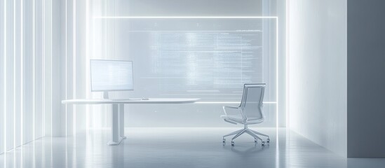 Modern minimalist office interior with computer and chair.