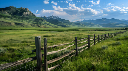 Stunning Landscape with Wooden Fence Dividing Lush Field and Rugged Mountains Under Clear Sky