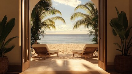 Fototapeta premium Tropical beach view from doorway.