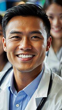 Medical professional smiling with colleagues in a healthcare setting during a team gathering