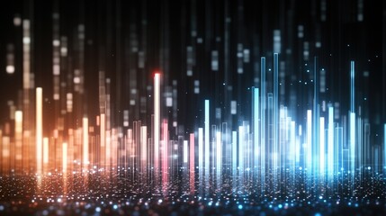 Candlestick chart displays blue and red trading candles on a dark gradient background, illustrating stock market trends and finance concepts