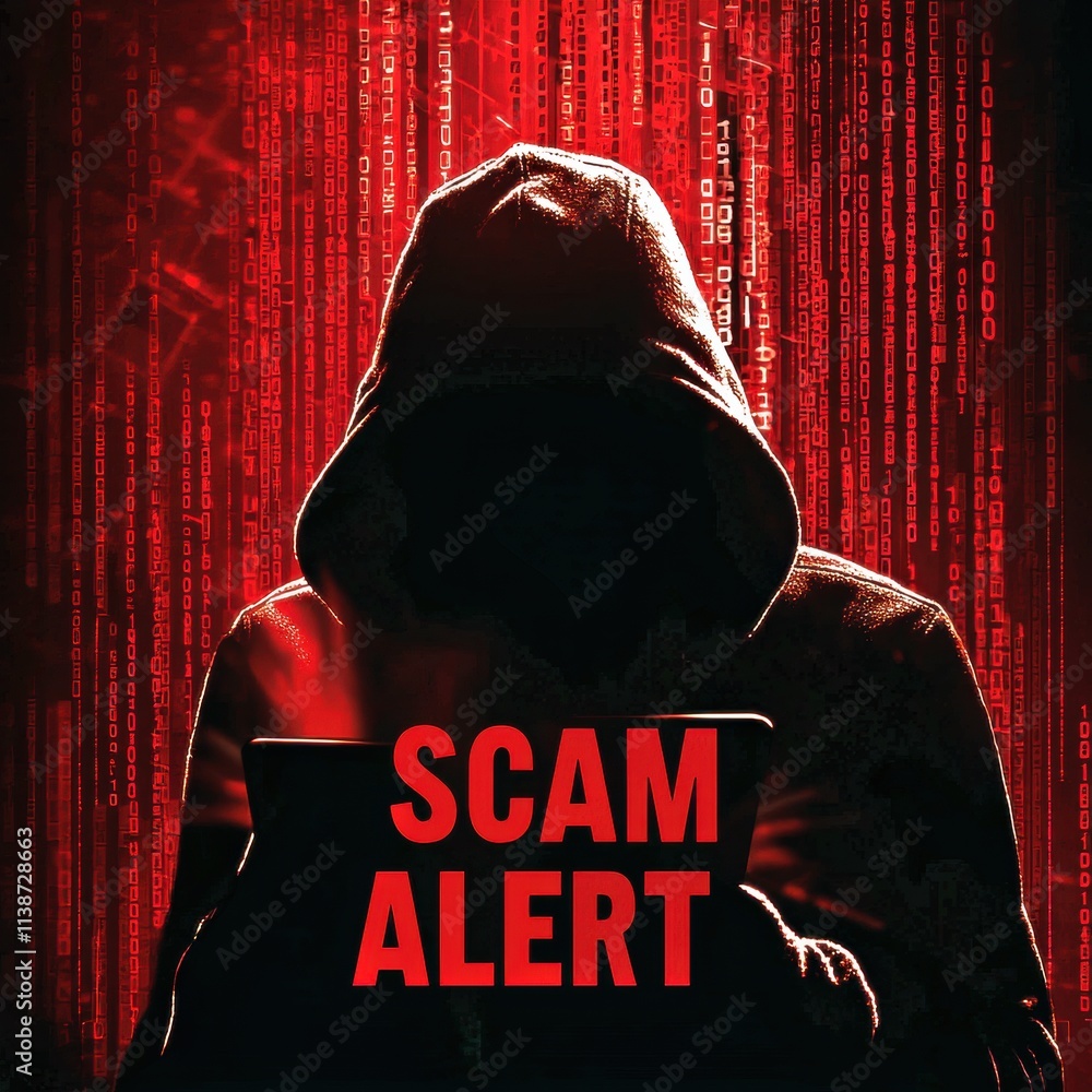 Aufkleber a hooded figure against a backdrop of red binary code, signaling a scam alert.
