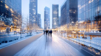 Obraz premium A Wide Urban Corridor Bustling with People, Surrounded by Illuminated Skyscrapers