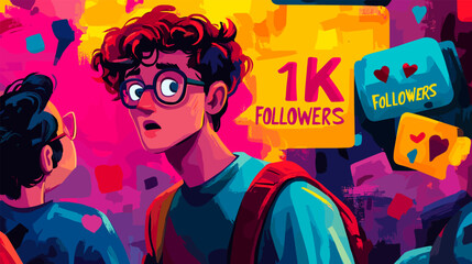 Thousand subscribers banner. 1k followers cartoon poster template for social media post or video channel, subscriber like congratulation celebrate fan follow vector illustration