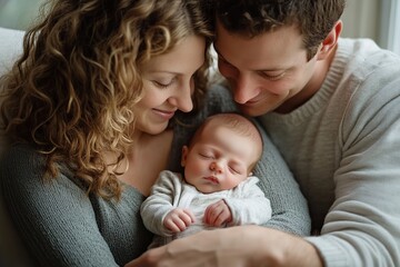 Happy mother and father holding newborn baby