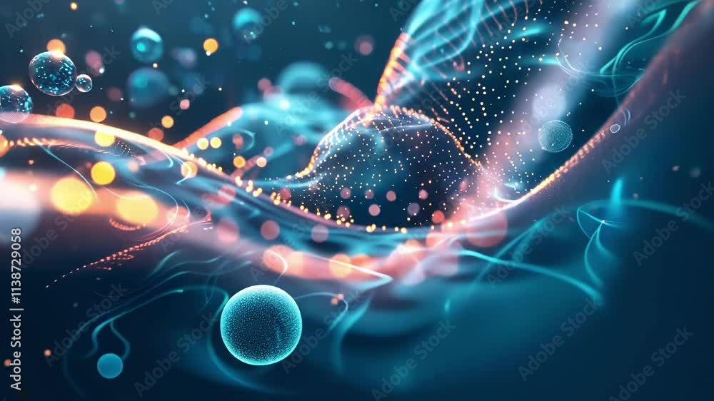 Poster abstract futuristic background with flowing particles and bokeh effect representing digital data, ne