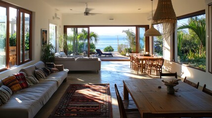 Fototapeta premium Sunlit living room with ocean view, open floor plan, and wooden dining table.