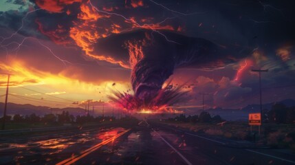 Thunderstorm, tornado, dramatic sky, vivid colors, stormy weather, ominous clouds, road view A breathtaking scene showcasing a powerful tornado emerging from dark, swirling clouds at sunset
