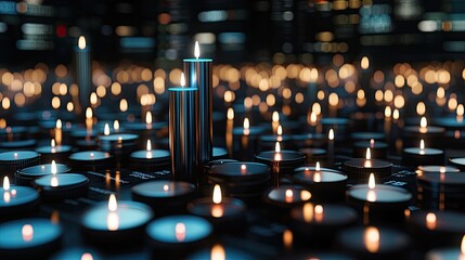 Candlestick chart displays blue and red trading candles on a dark gradient background, illustrating stock market trends and finance concepts