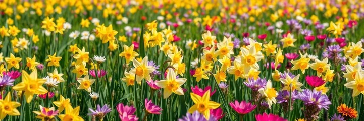 Obraz premium Daffodil flowers in a lush green field under a bright blue sky, meadow, beauty, growth