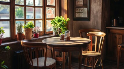 Sunny cafe interior with wooden table and chairs near window.