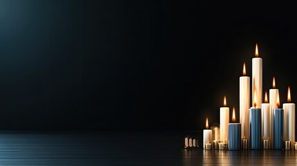 Candlestick chart displays blue and red trading candles on a dark gradient background, illustrating stock market trends and finance concepts